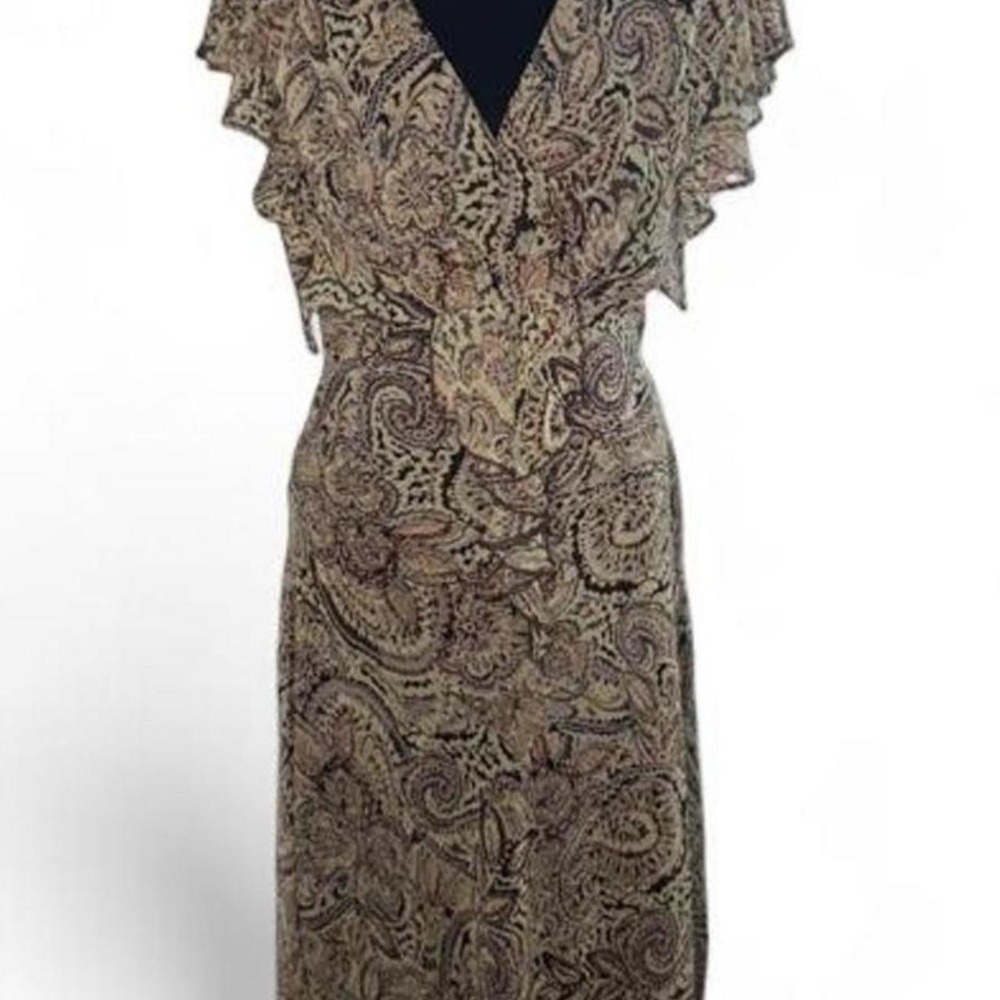 MSK Womens Paisley V-Neck Ruffle Asymmetric Sleeve Dress Brown Green Size 12